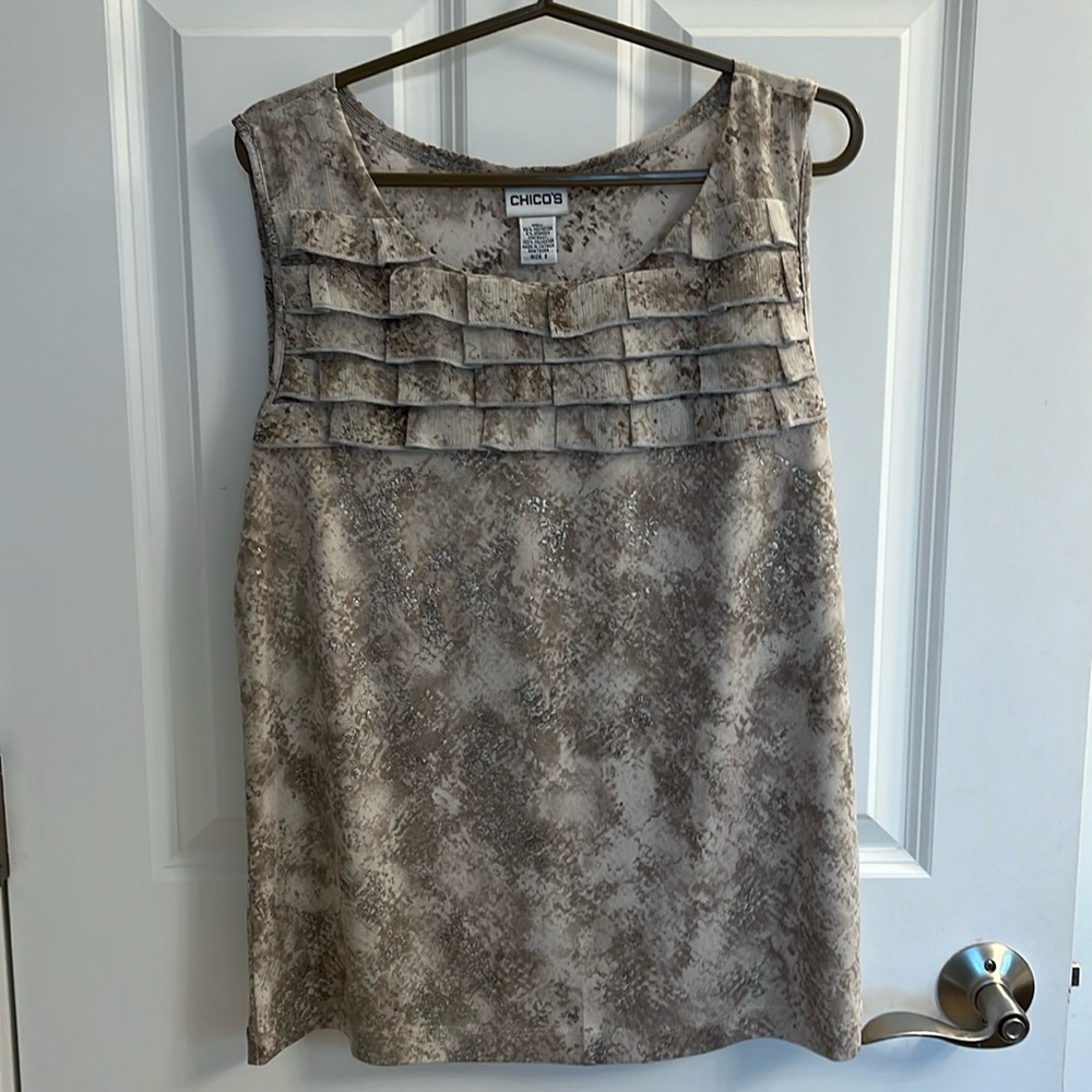 Chico’s size 2 (12-14 large) sleeves top multiple shades of tan  silver accents